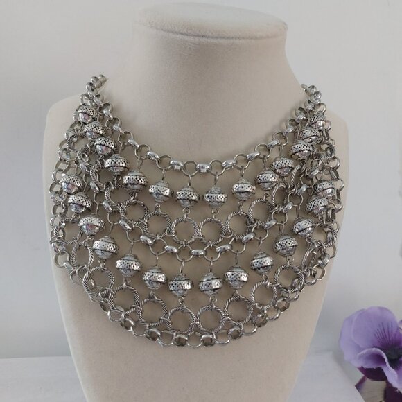 Mialisia Cleopatra Statement Necklace Silver Bib Chainmail Boho Chic EUC - Picture 1 of 10